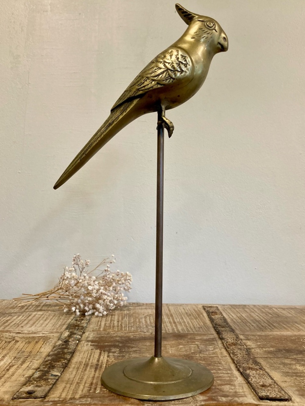 Metal Parrot Sculpture on Stand - Brass Tone Decorative Bird Mid-century